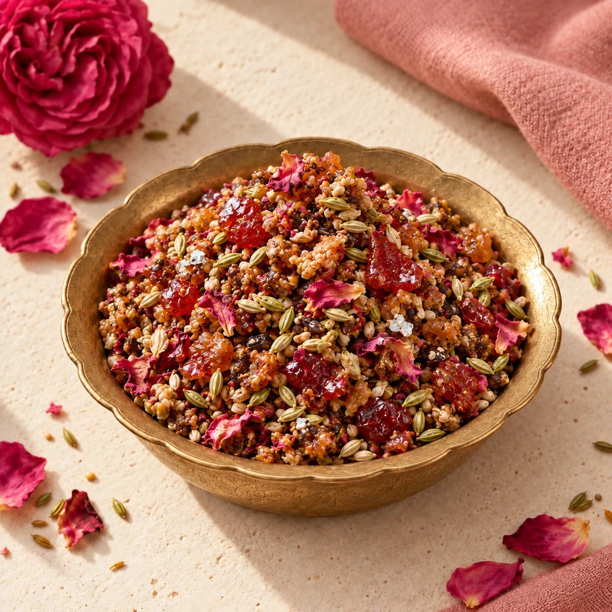 Gulkand finished mukhwaas served in a brass dish