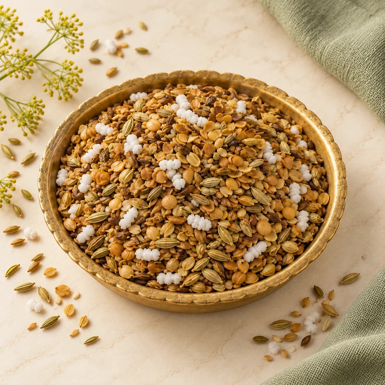 Saunf & Seeds finished mukhwaas served in a brass dish