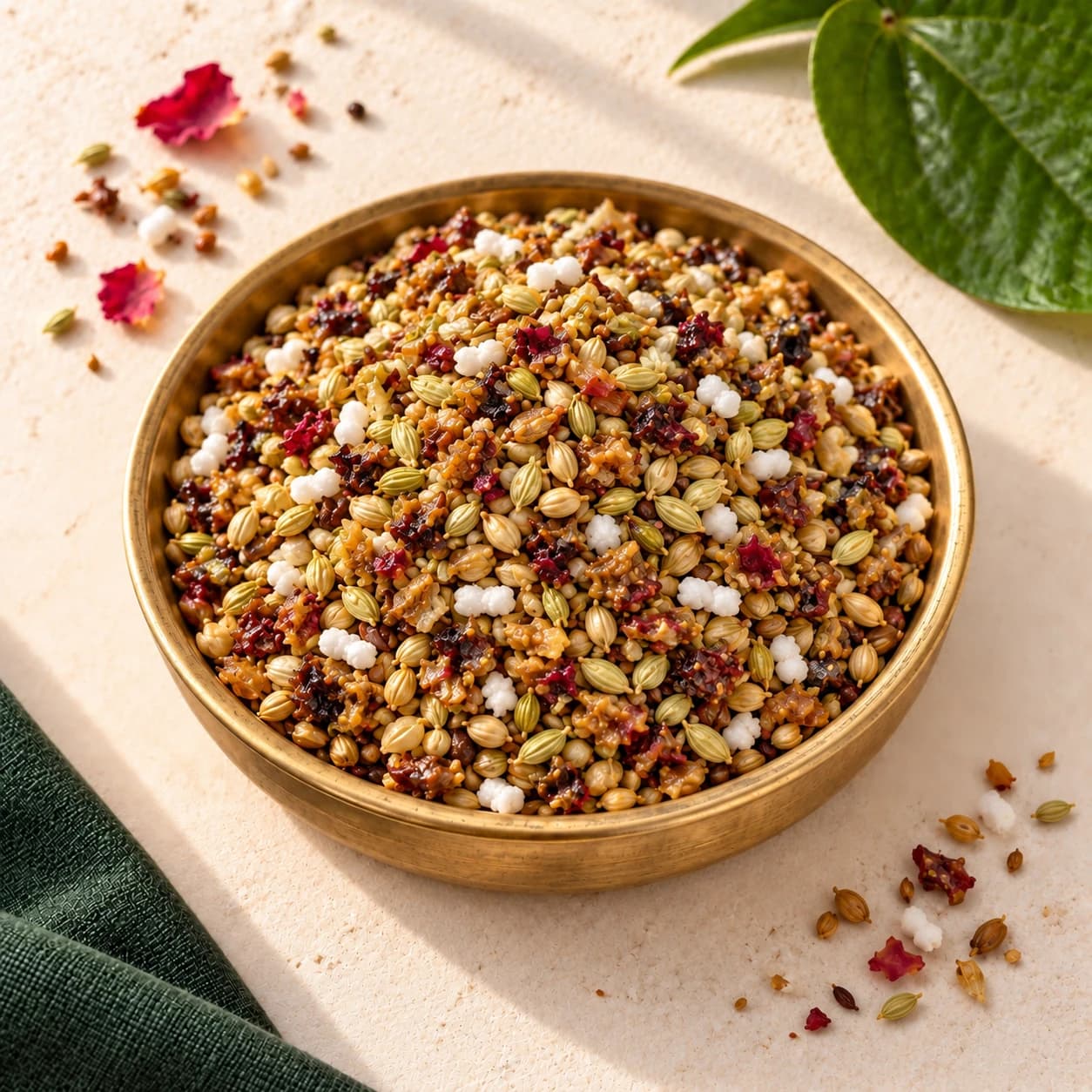 Special Mix finished mukhwaas served in a brass dish