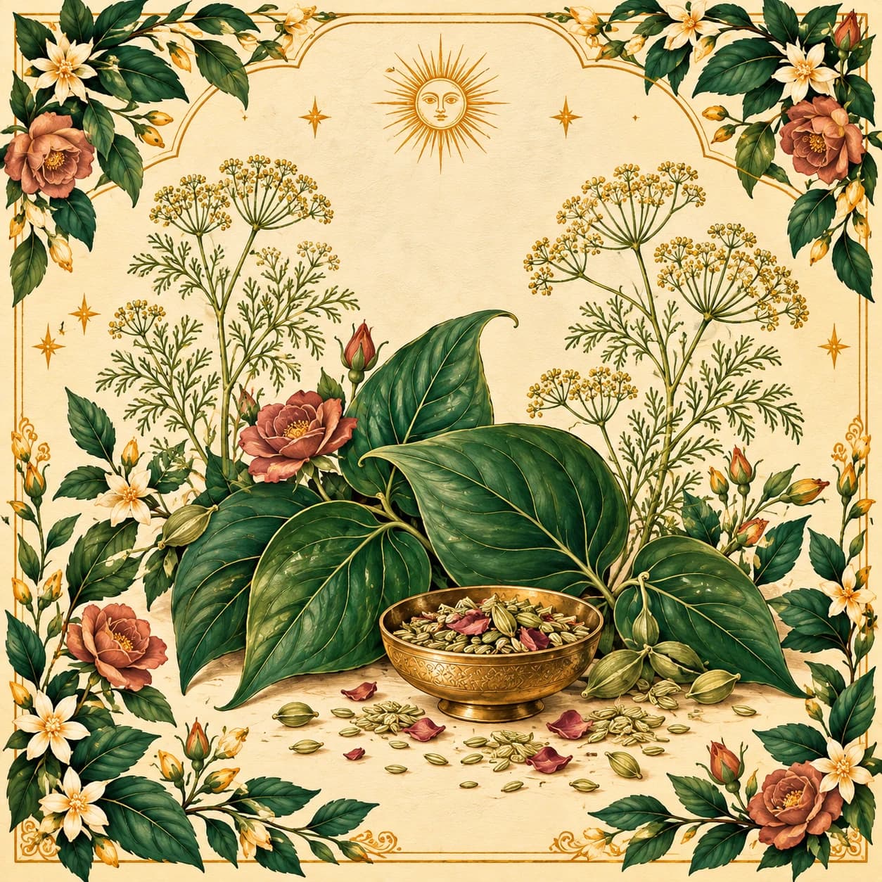 Botanical illustration of fennel, betel leaf, cardamom and roses around a brass dish of mukhwaas