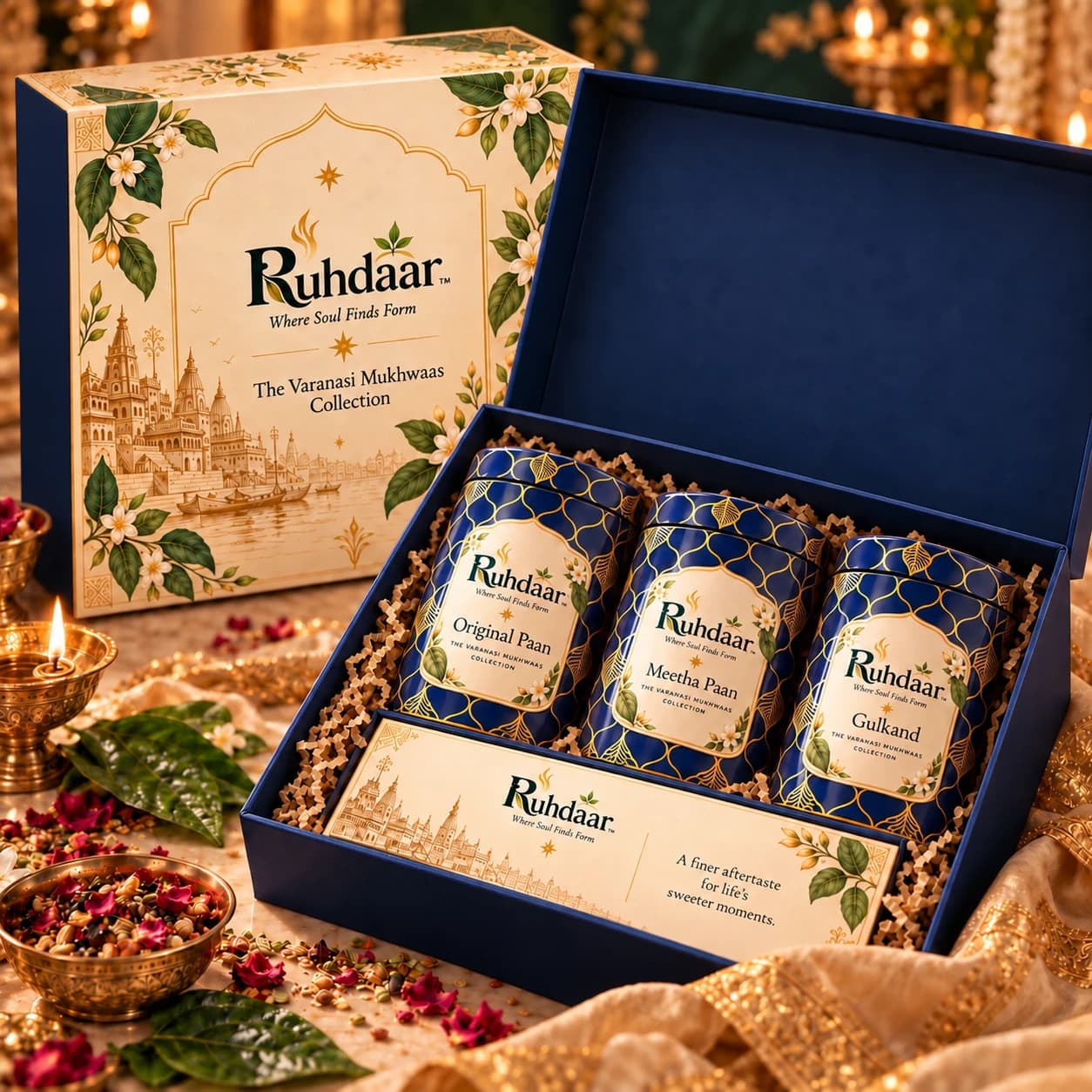 Ruhdaar’s cream botanical gift box with navy tins of Original Paan, Meetha Paan and Gulkand mukhwaas